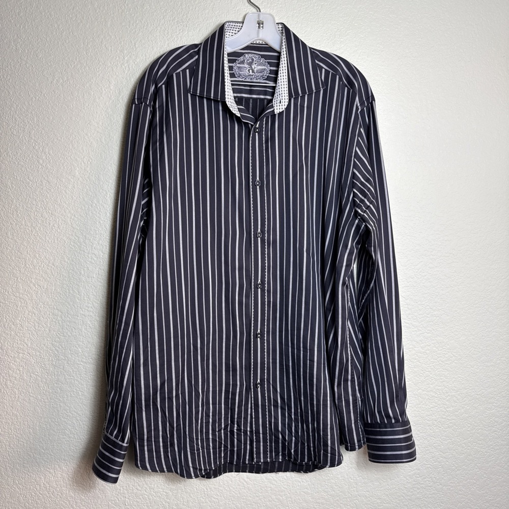 Bugatchi Shaped Fit Shirt Mens XL‎ Black White Striped Geometric Cuff Cotton LS
